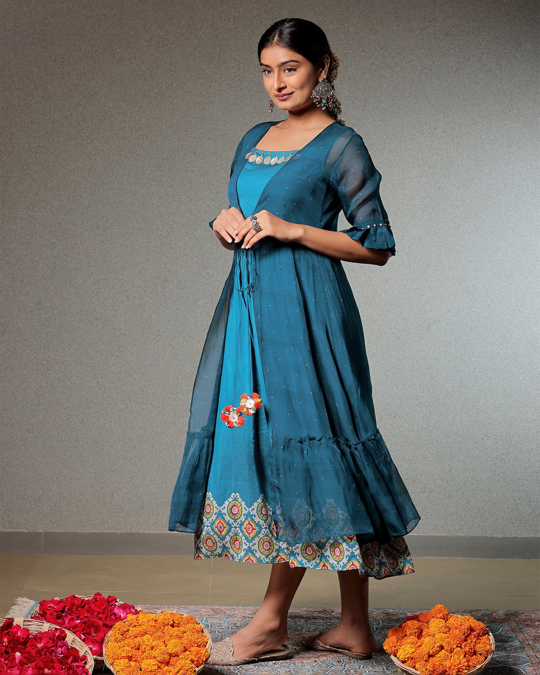 Taskeen Peacock Blue Flared Dress With Organza Shrug