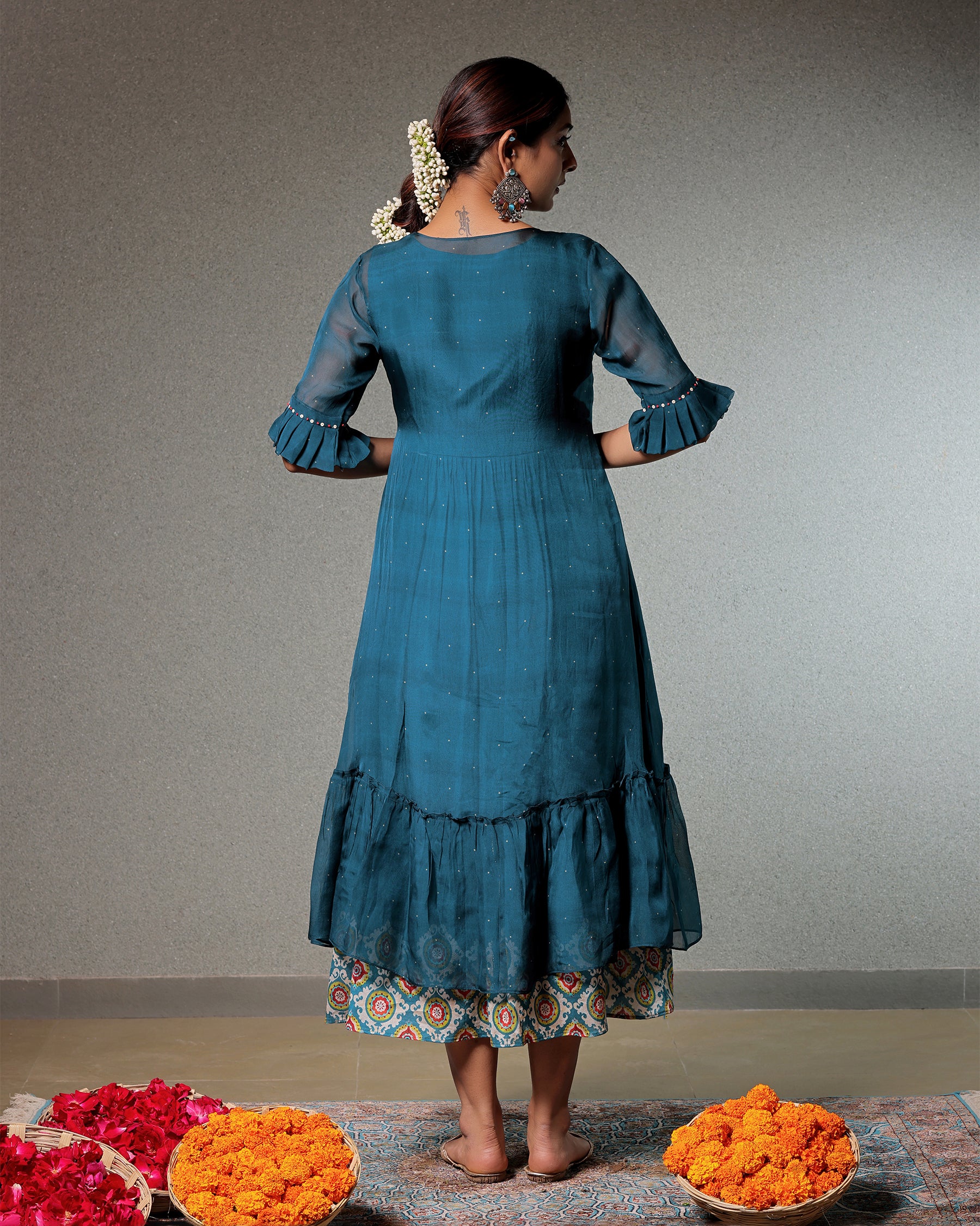 Taskeen Peacock Blue Flared Dress With Organza Shrug