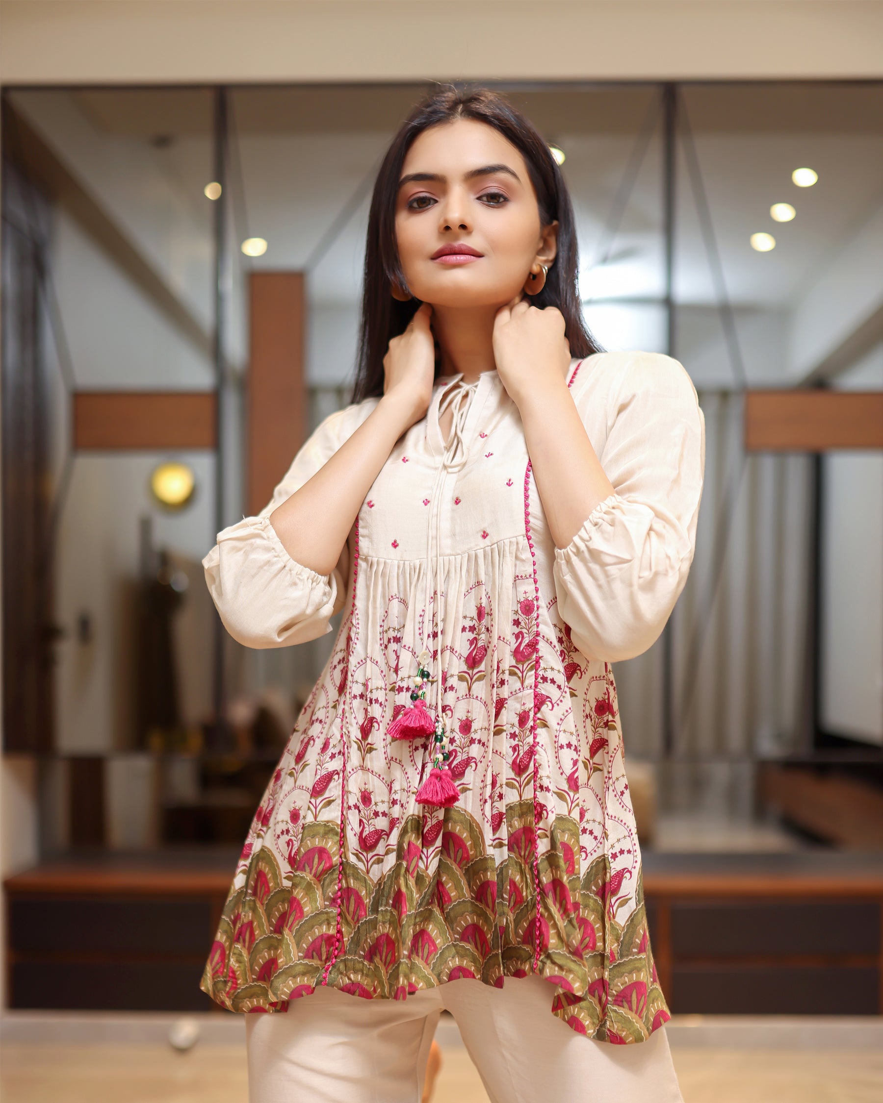 Mayuri - Beige Printed Top With Tessels