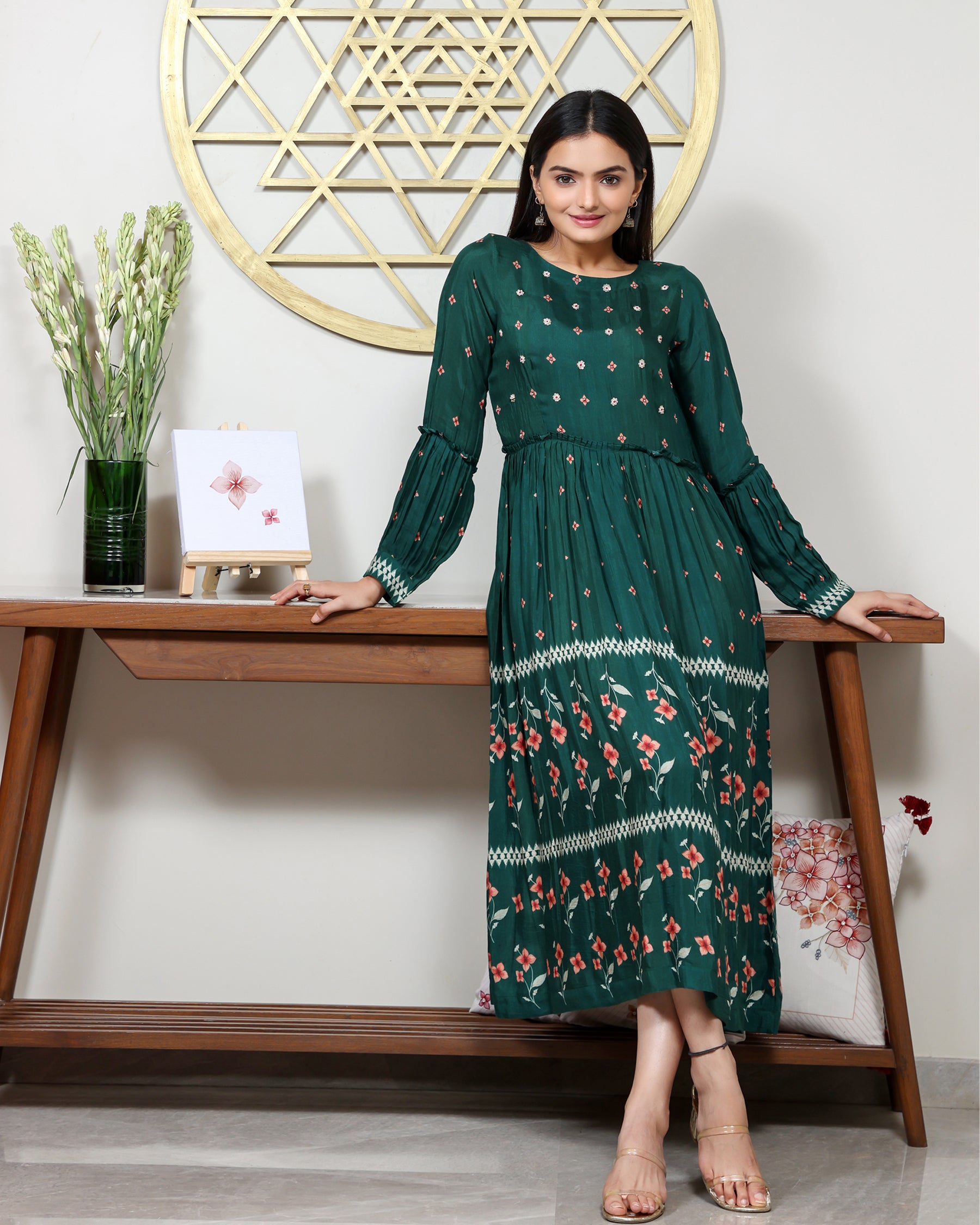 Nargis - Pine Green Flared Floor Length Dress