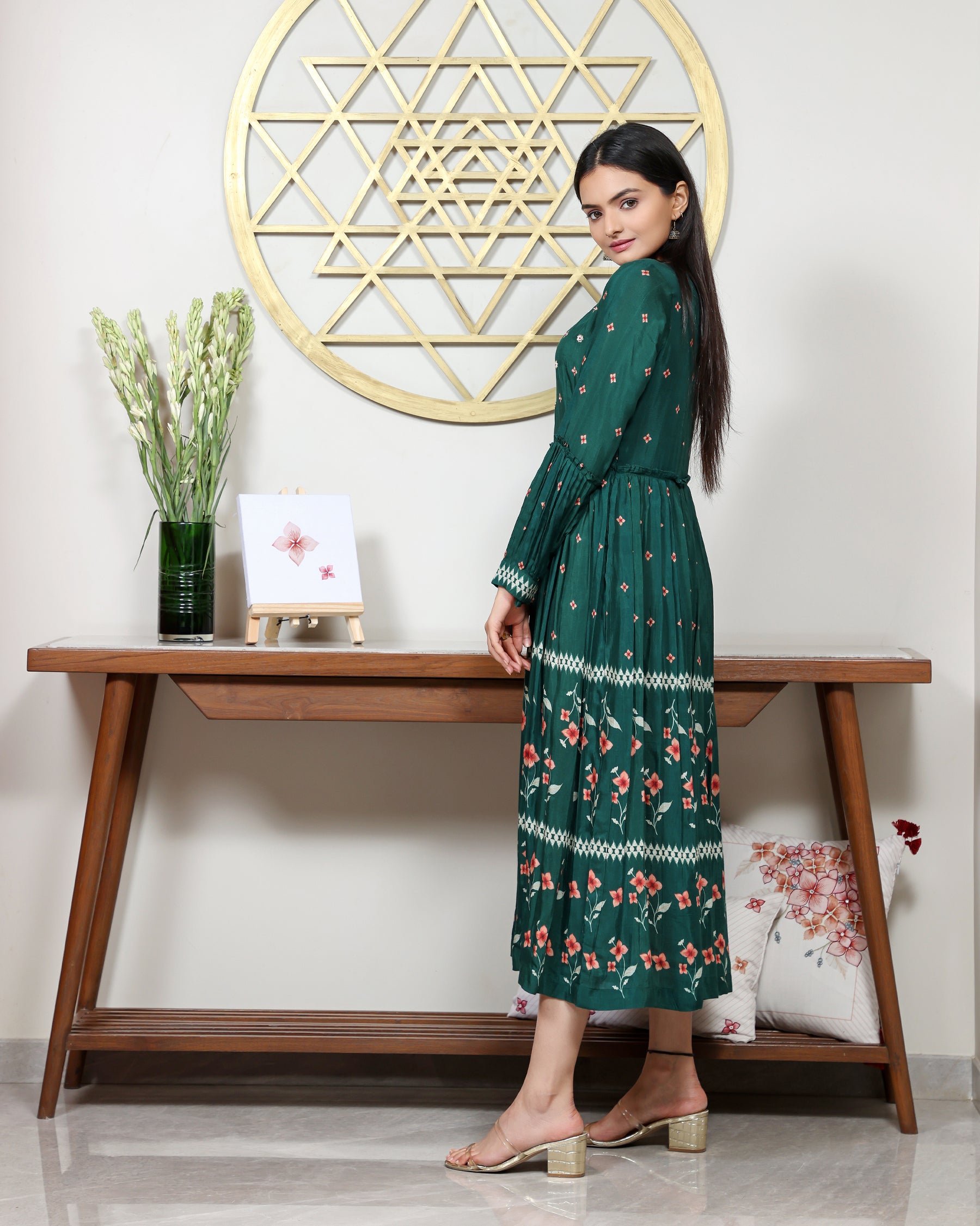 Nargis - Pine Green Flared Floor Length Dress
