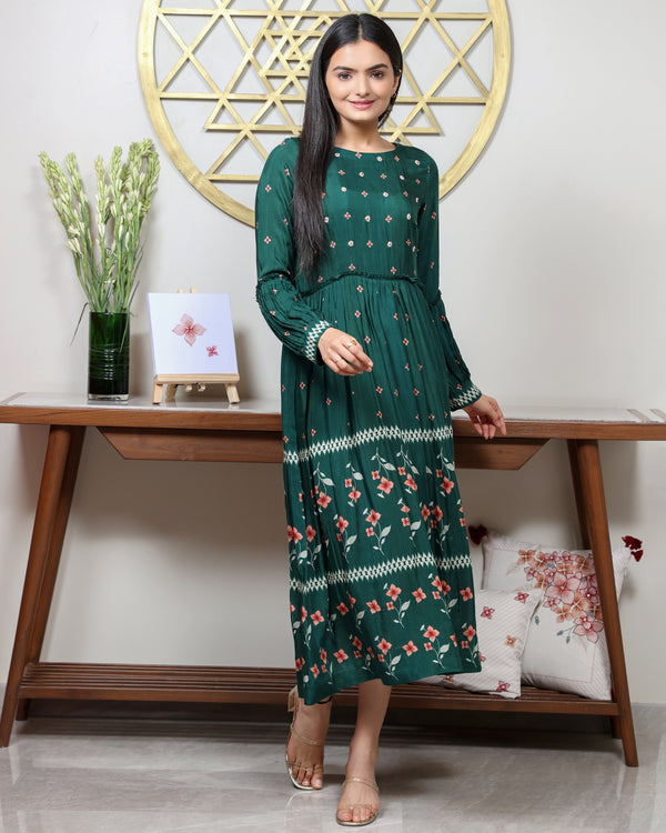 Nargis - Pine Green Flared Floor Length Dress