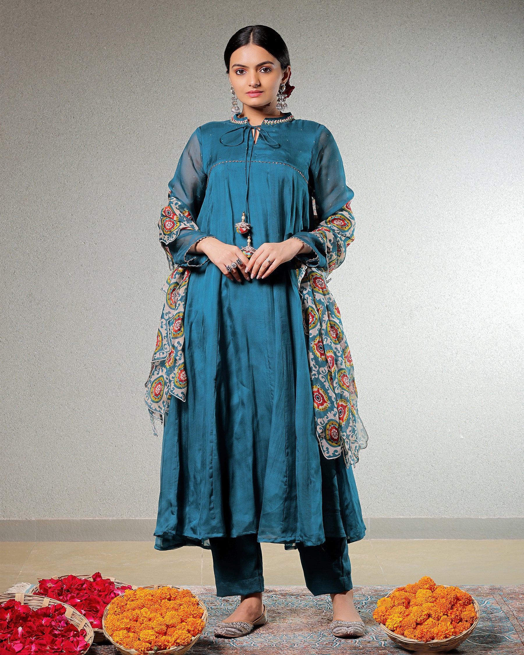 Taskeen Peacock Blue 3 Pcs Suit With Printed Cut Work Dupatta