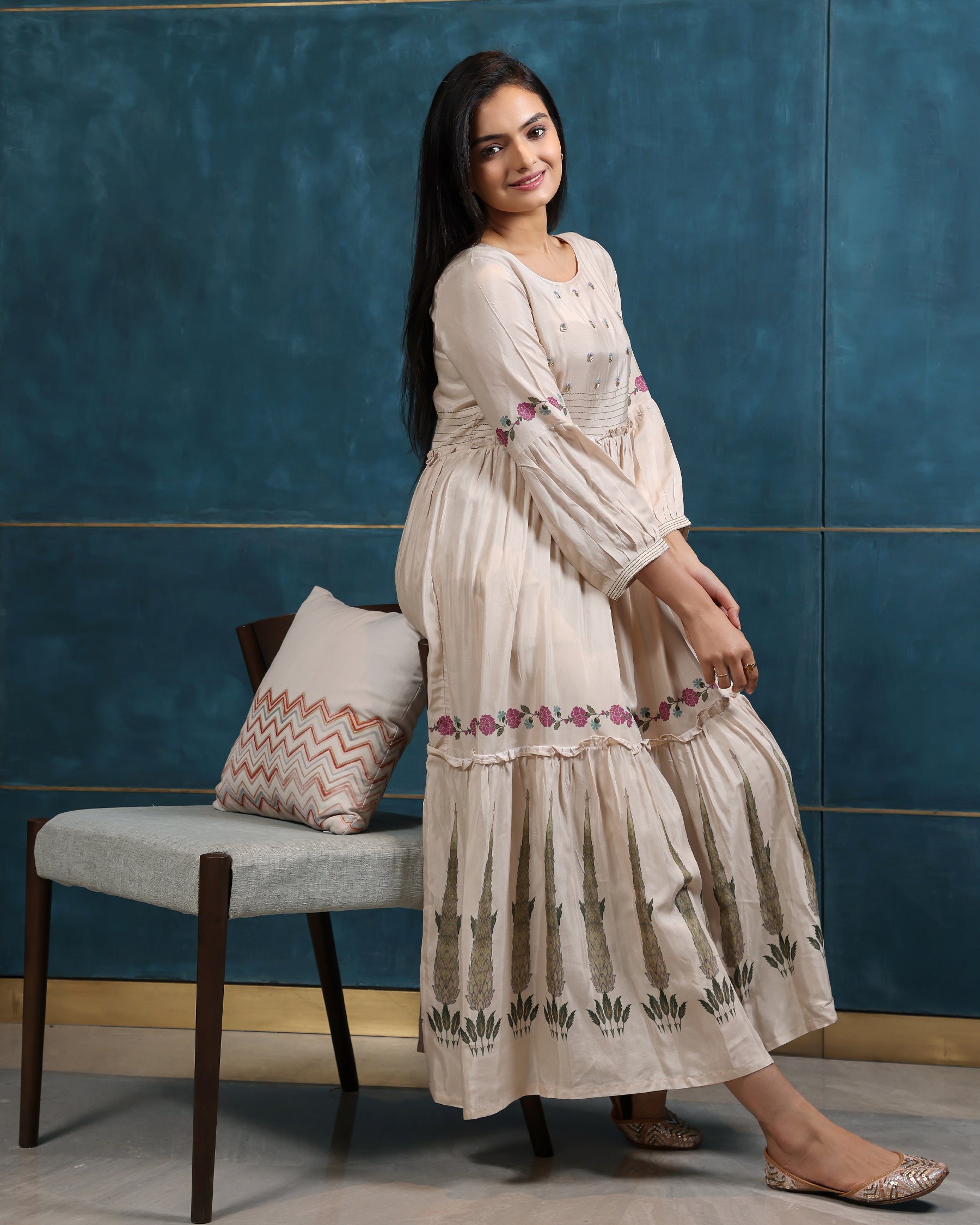 Noor - Beige Tiered Printed Dress