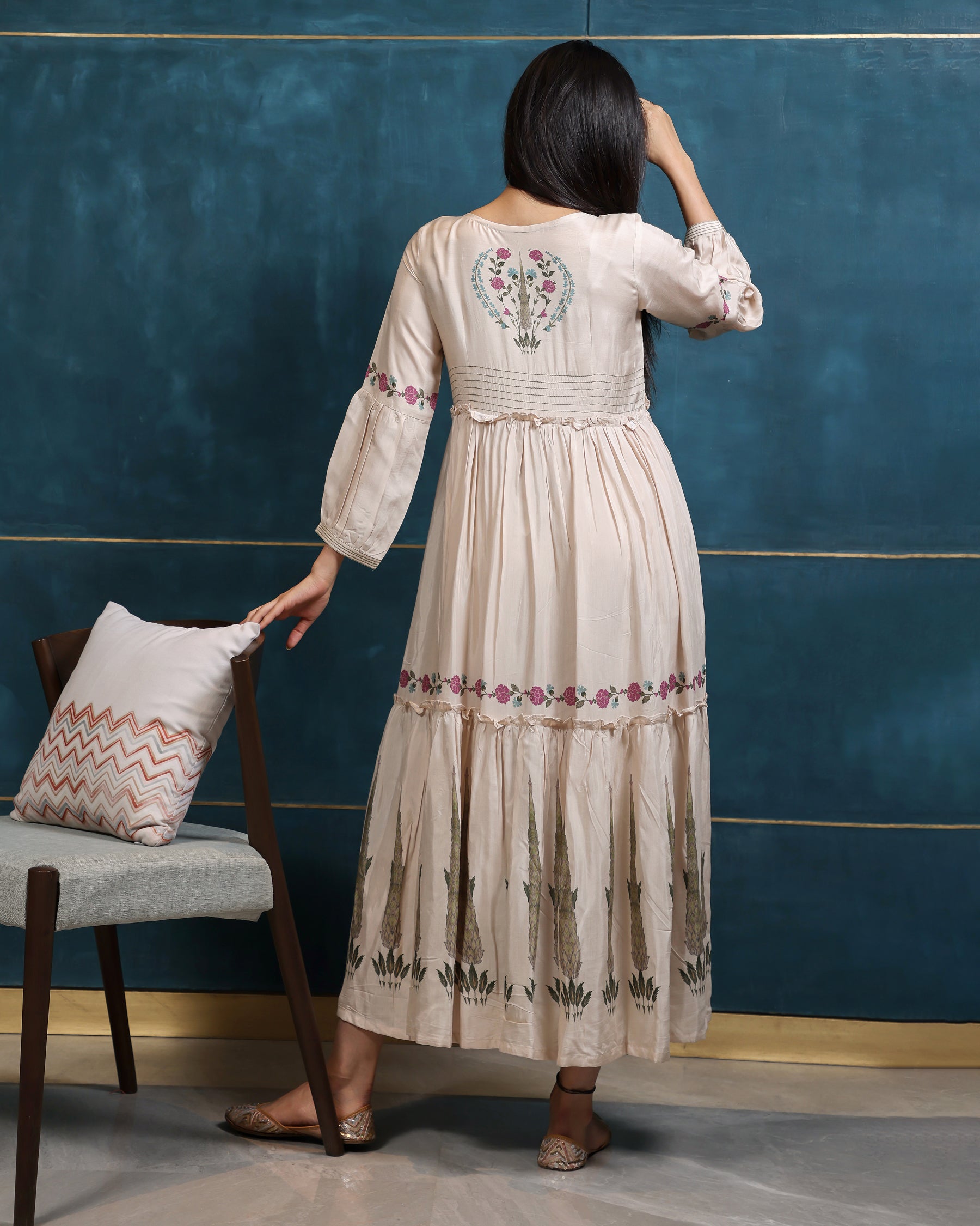 Noor - Beige Tiered Printed Dress