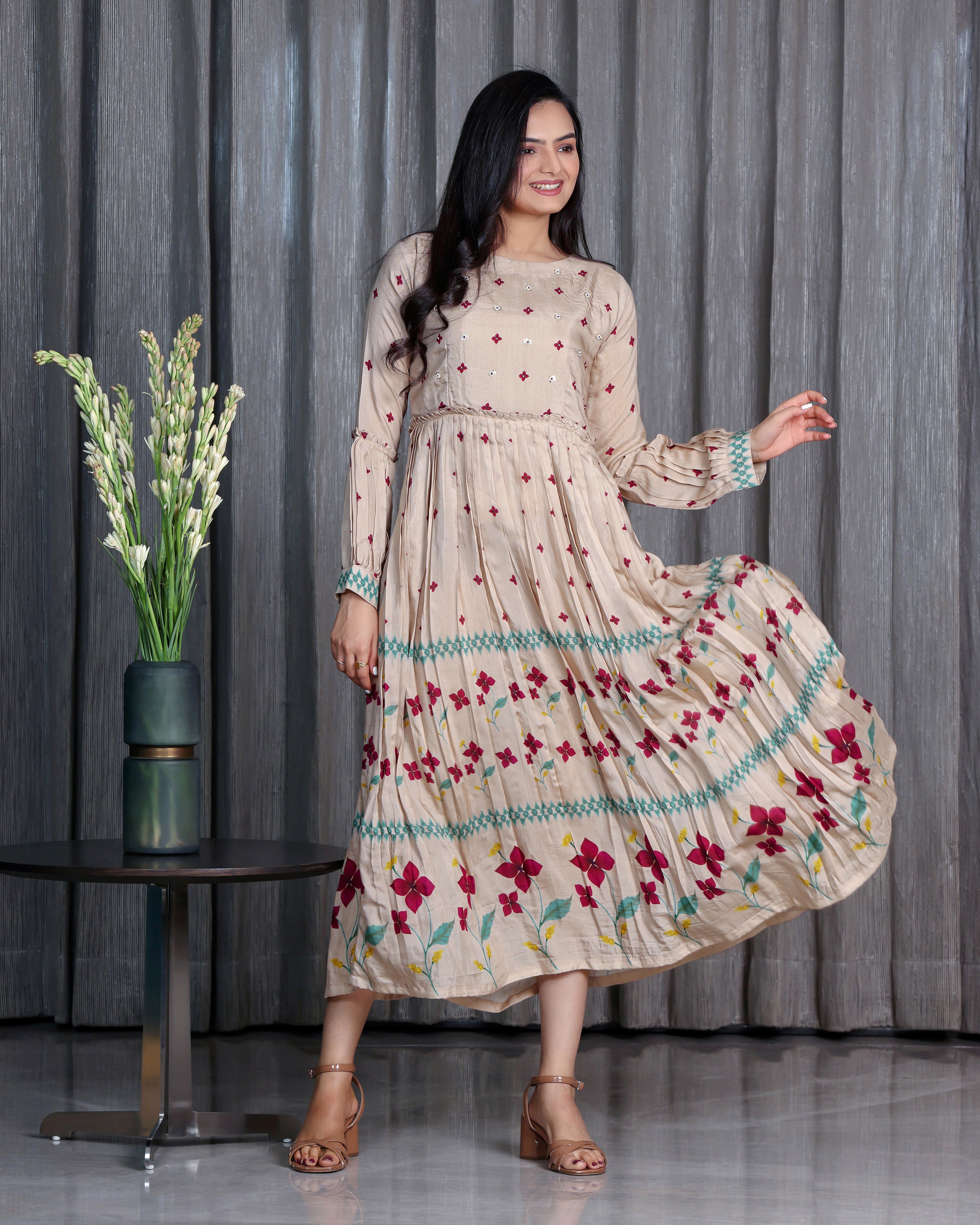 Nargis - Soft Beige Flared Floor Length Dress