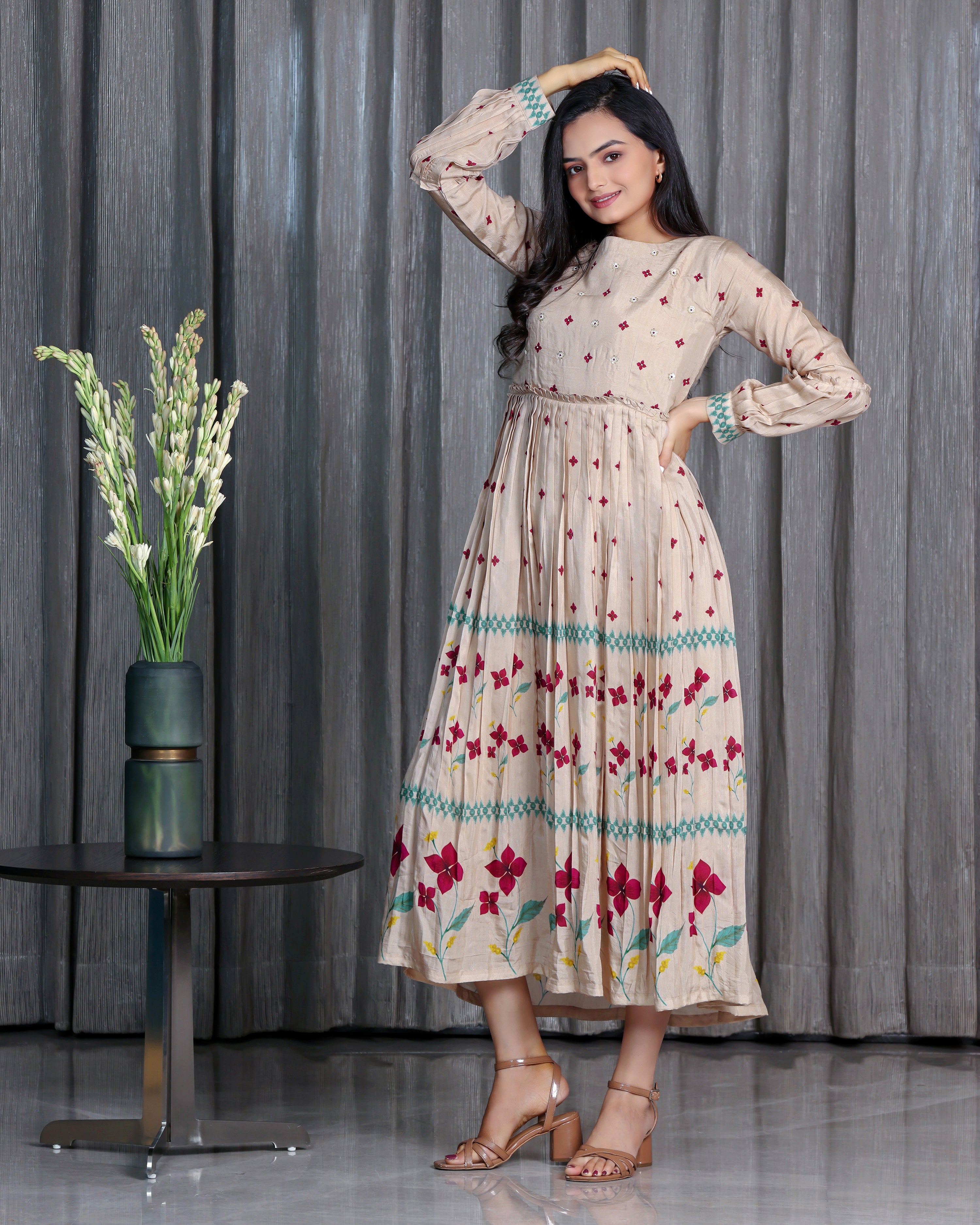 Nargis - Soft Beige Flared Floor Length Dress