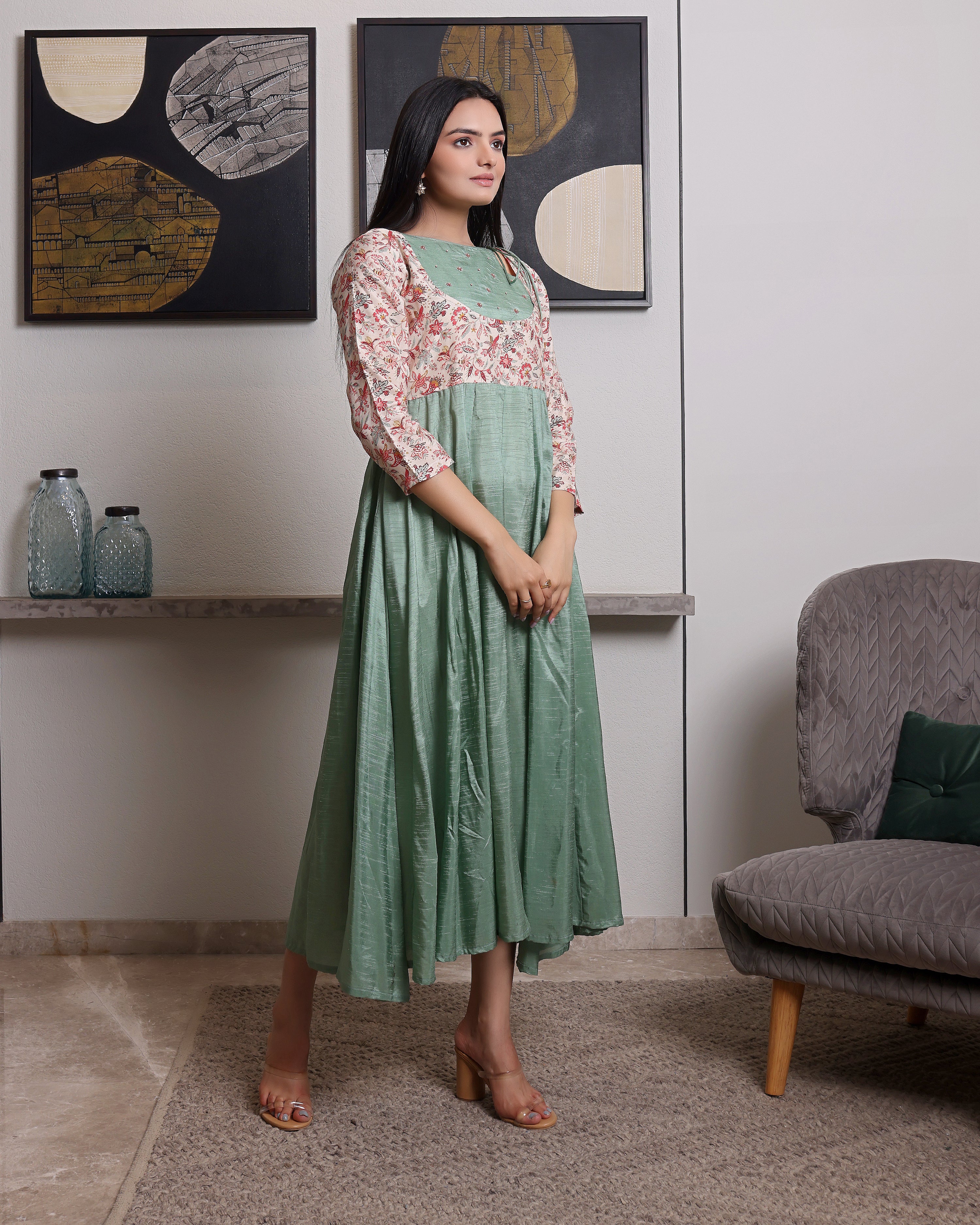 Anarkali Kurta Mint Green With Printed Yoke