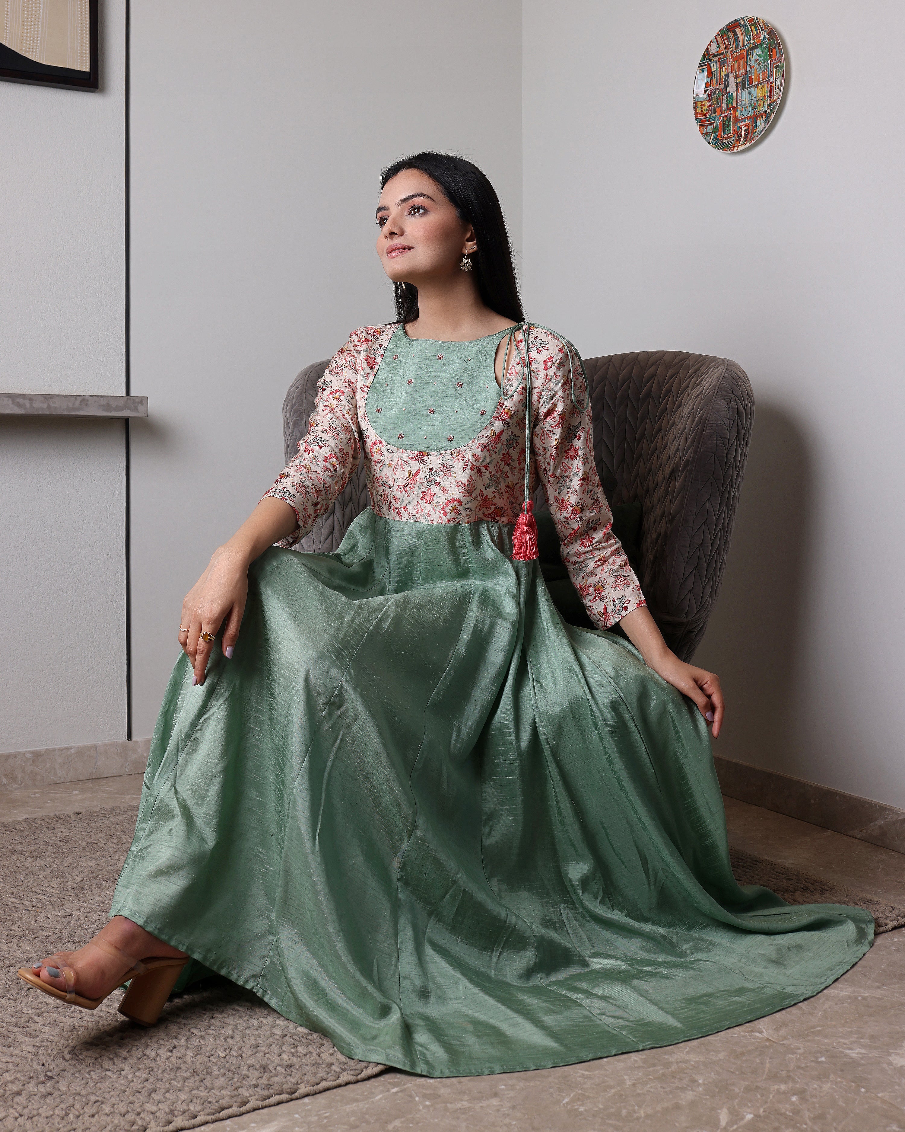 Anarkali Kurta Mint Green With Printed Yoke