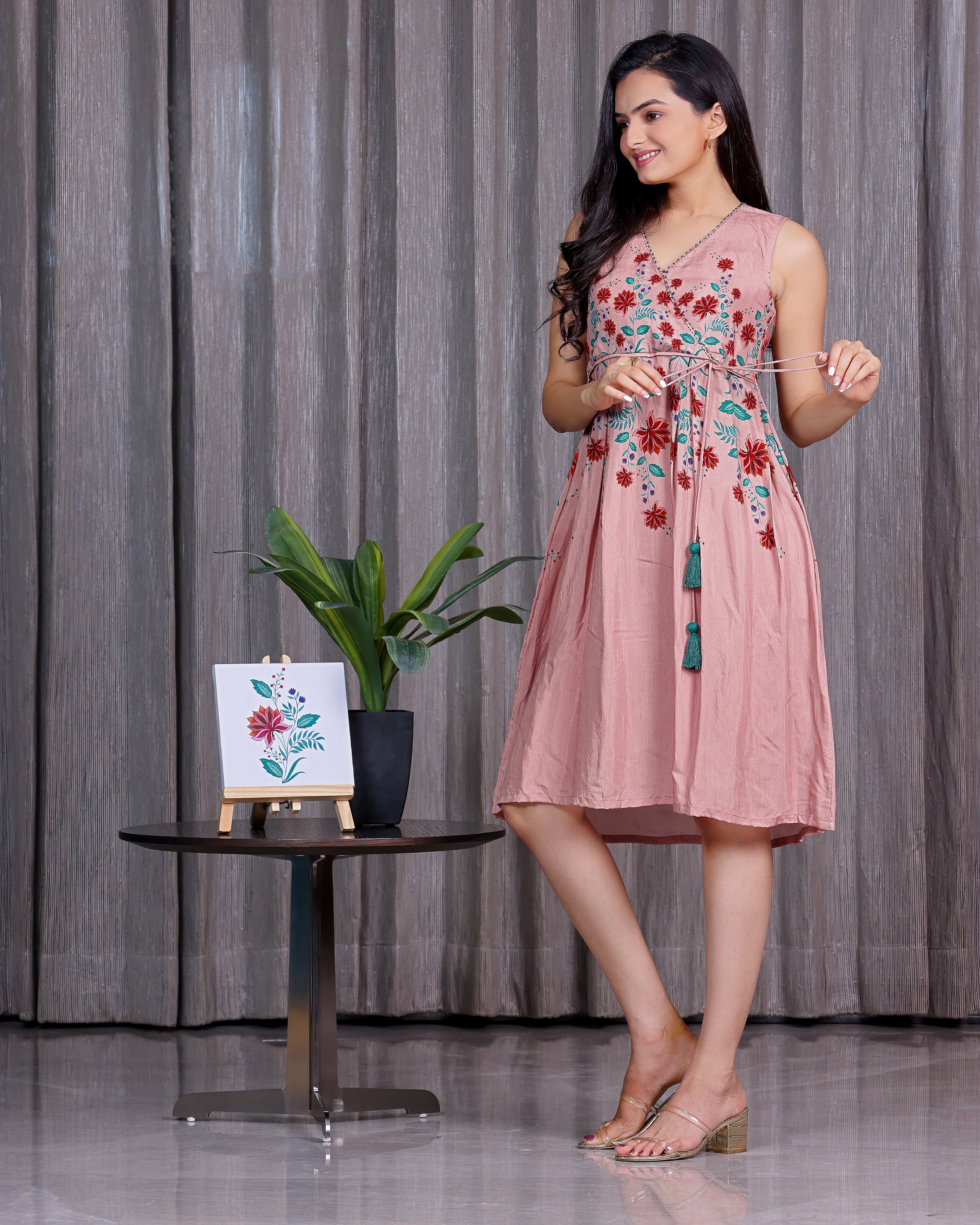 Kusum - Salmon Pink knee Length Dress