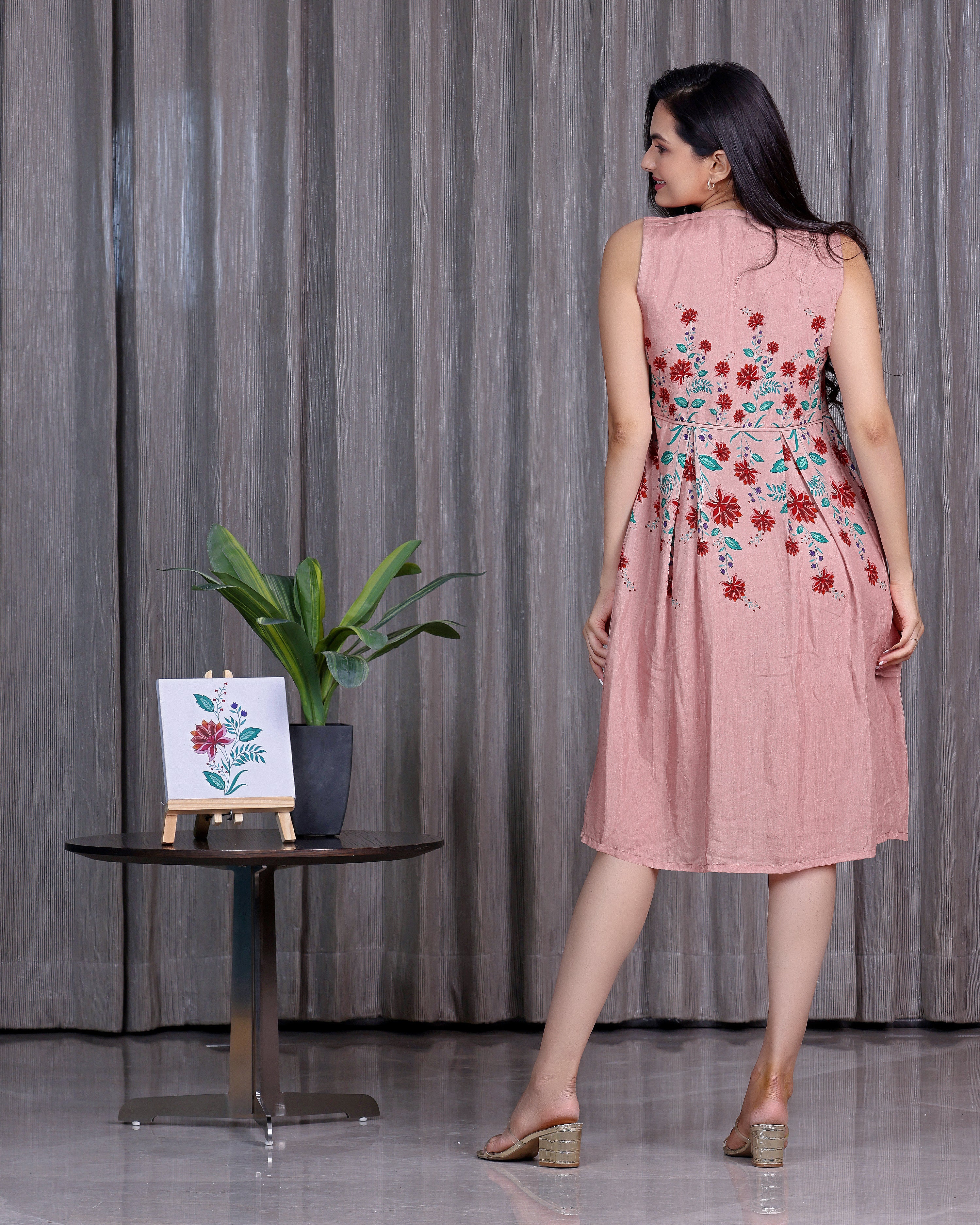 Kusum - Salmon Pink knee Length Dress