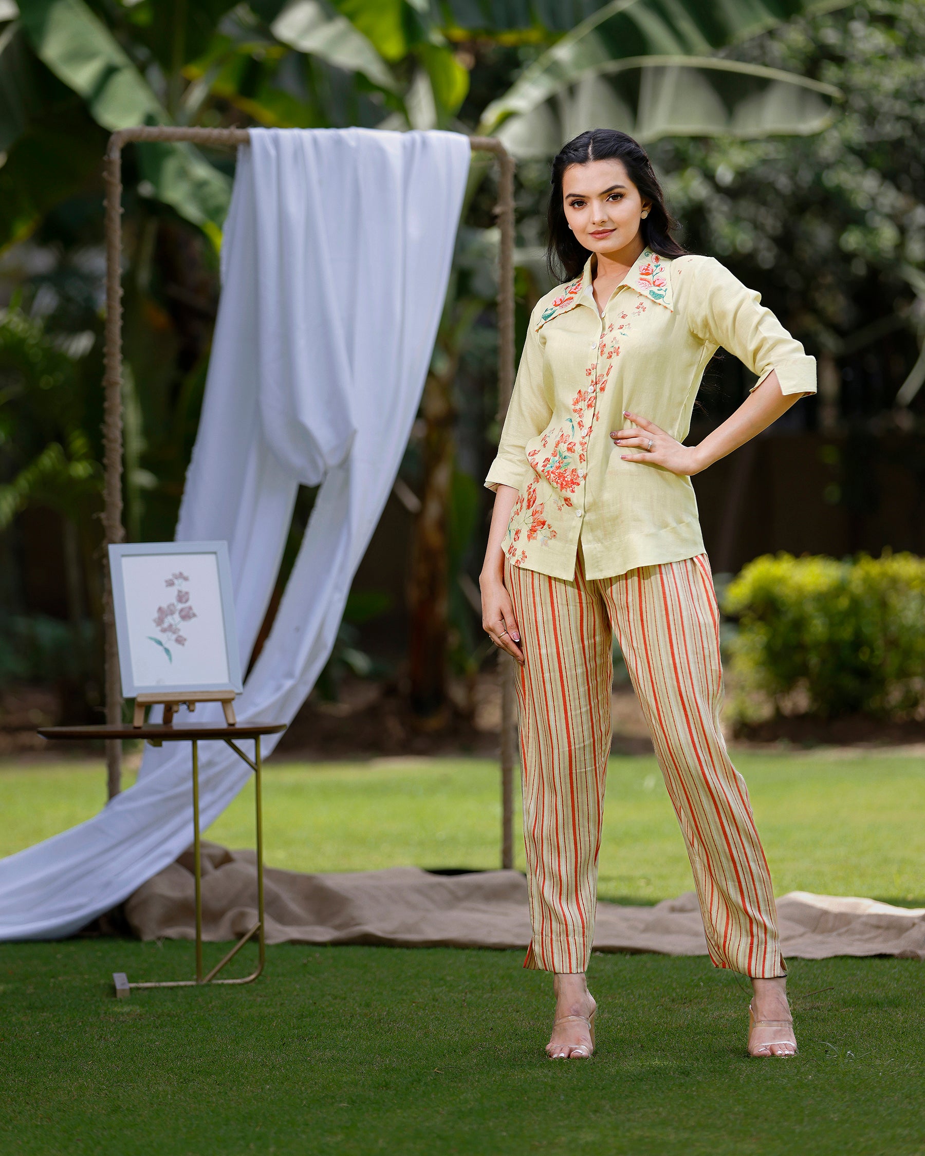 Lemon Yellow Co-ord Set in Bougainvillea Print and Embroidered Collar
