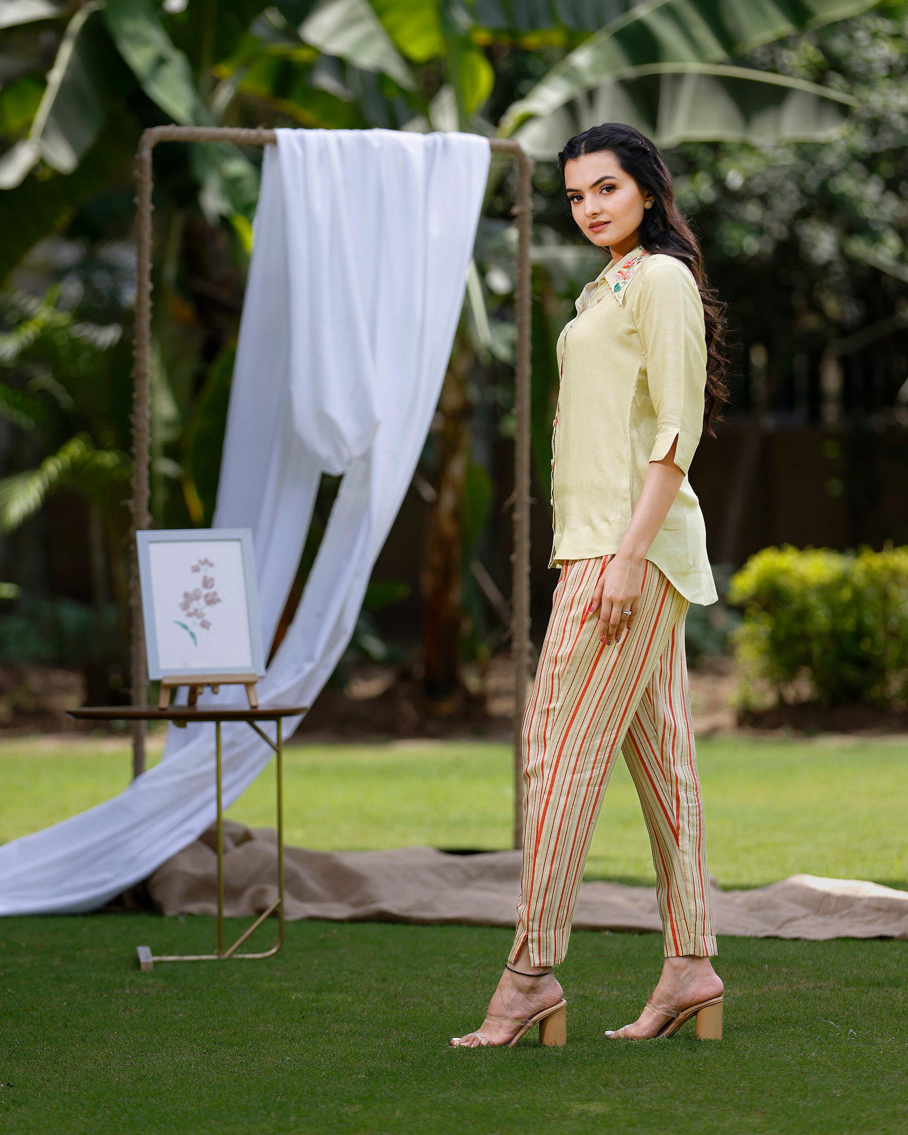 Lemon Yellow Co-ord Set in Bougainvillea Print and Embroidered Collar