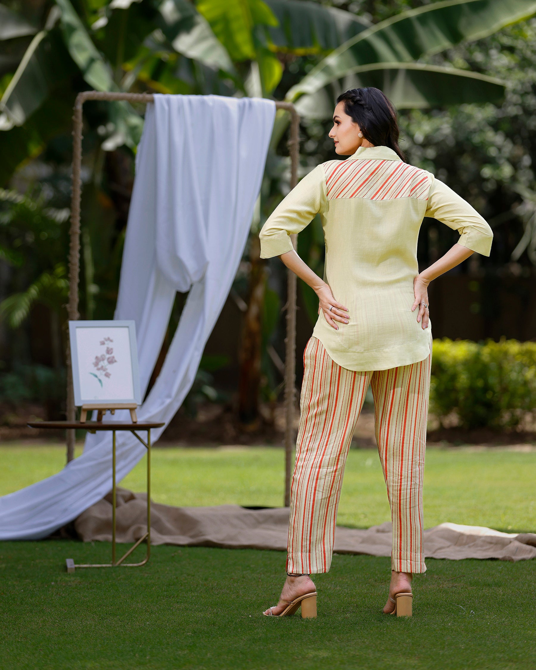 Lemon Yellow Co-ord Set in Bougainvillea Print and Embroidered Collar
