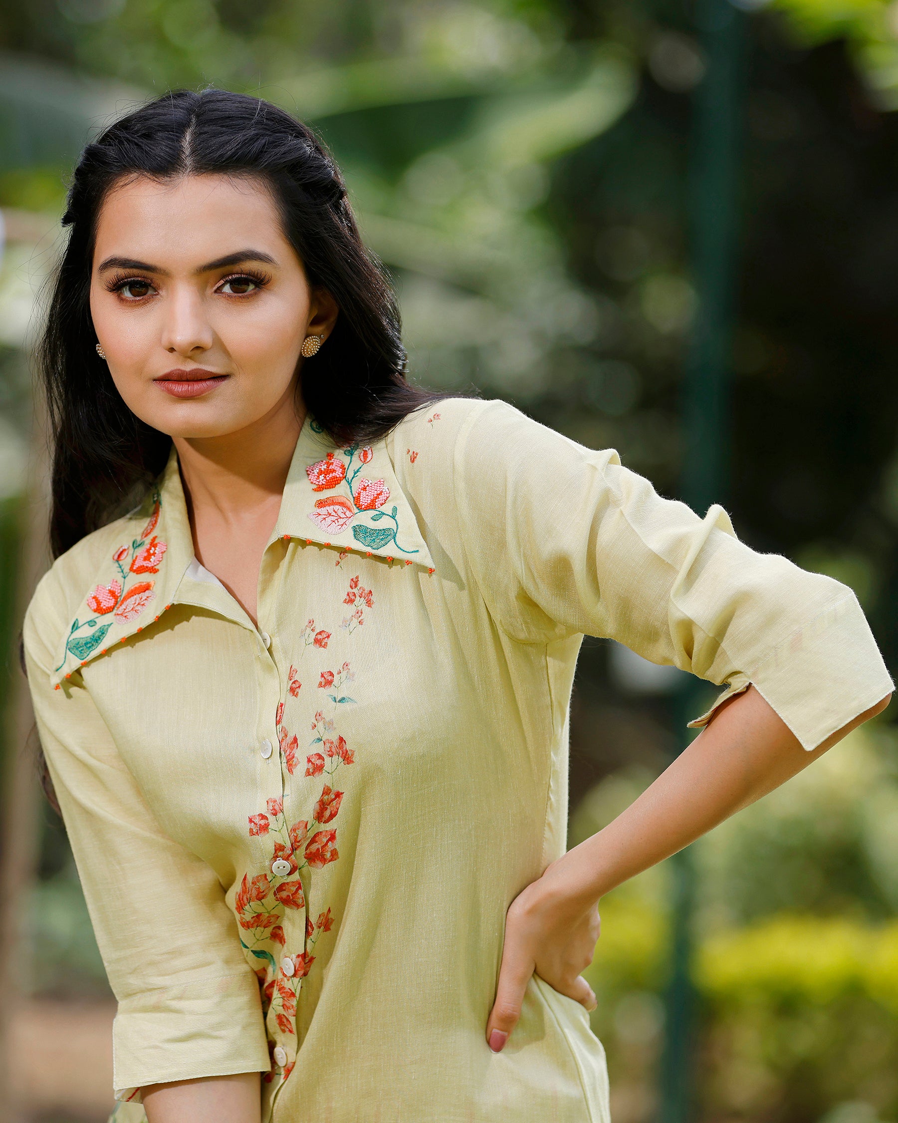 Lemon Yellow Co-ord Set in Bougainvillea Print and Embroidered Collar