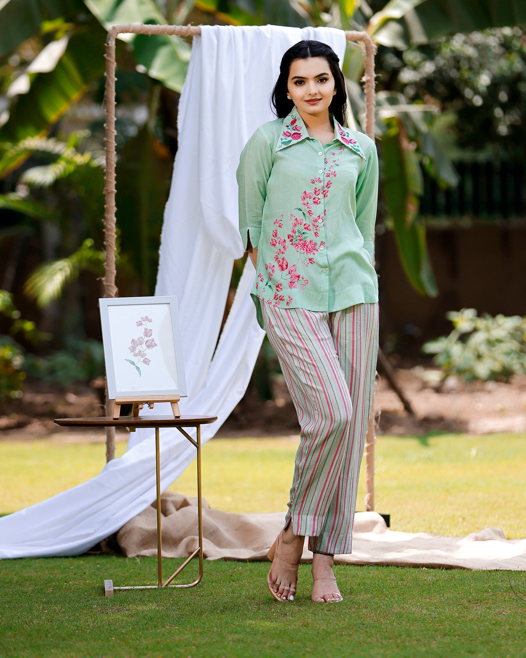 Mint Green Co-ord Set in Bougainvillea Print and Embroidered Collar