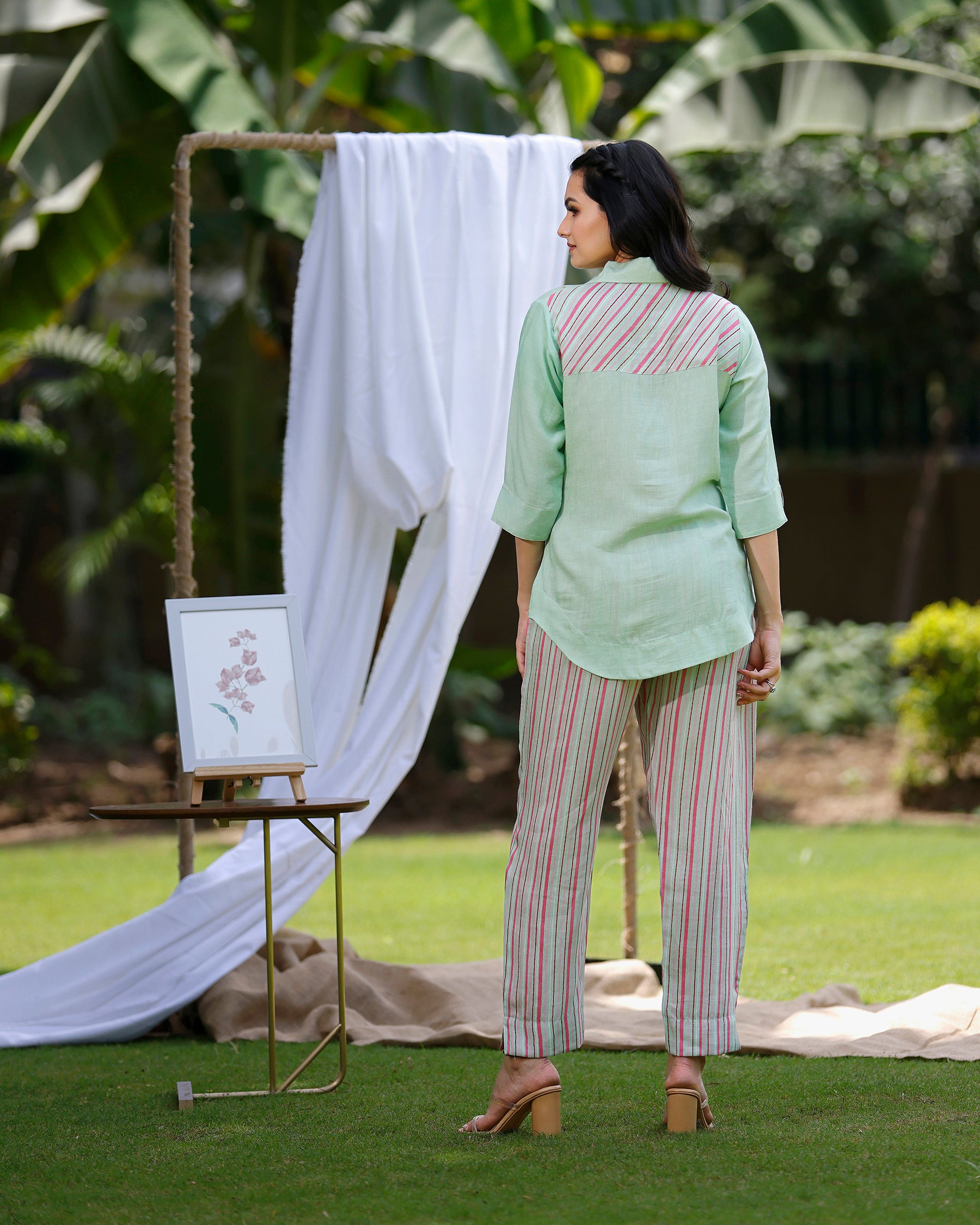 Mint Green Co-ord Set in Bougainvillea Print and Embroidered Collar