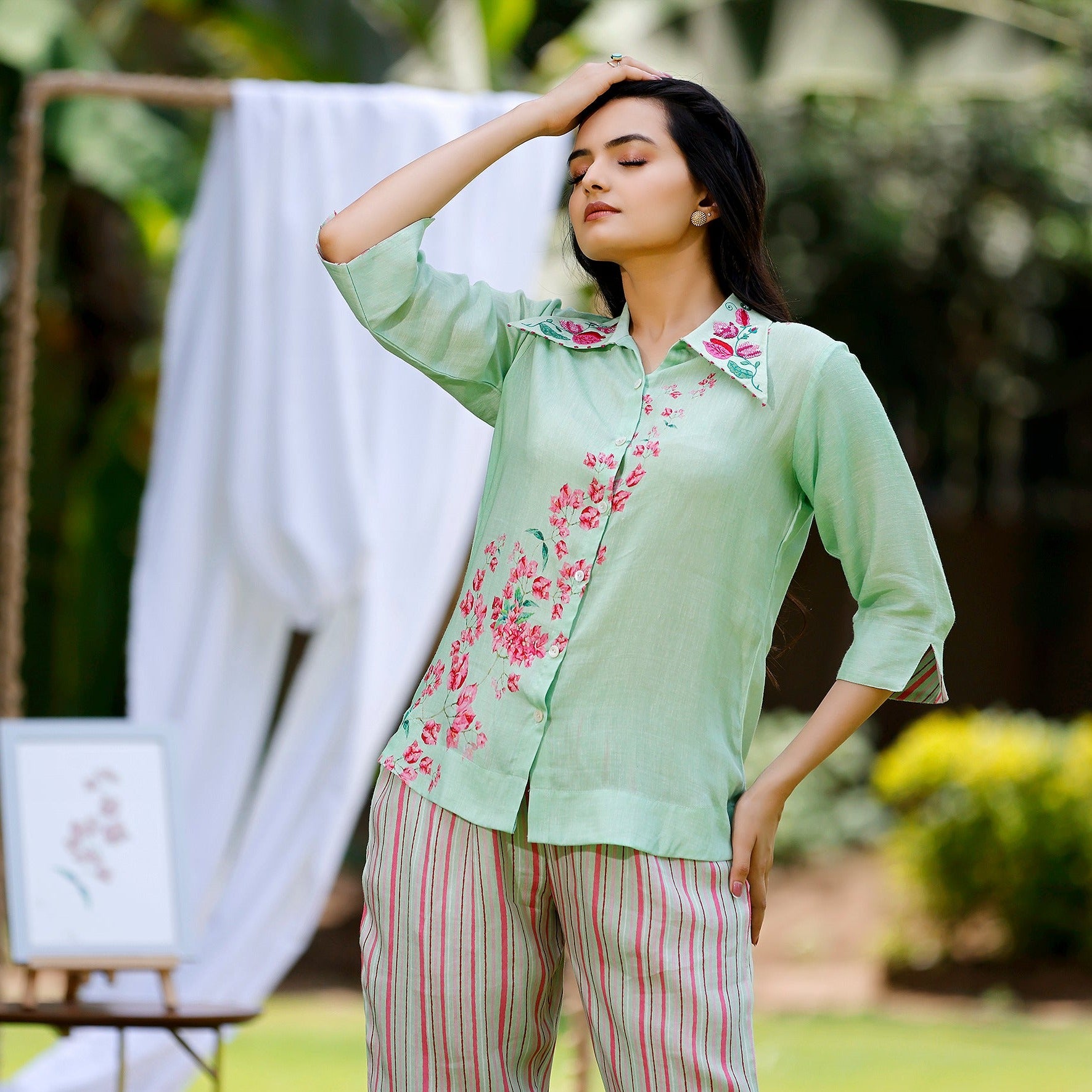 Mint Green Co-ord Set in Bougainvillea Print and Embroidered Collar