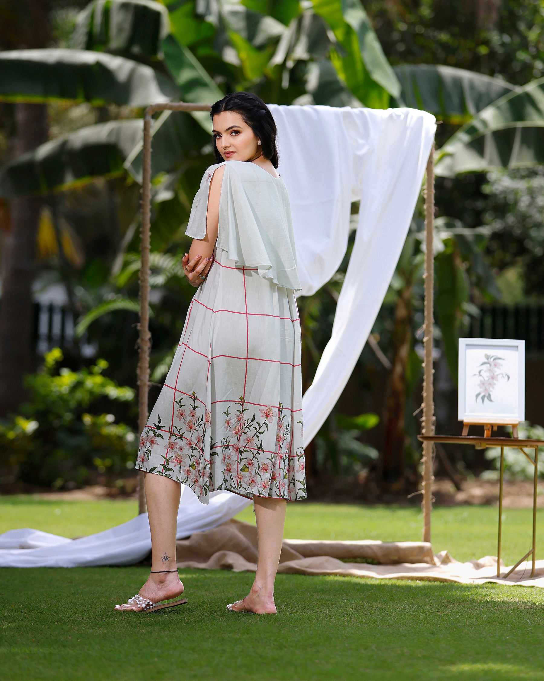 Dove White Dress With Cherry Blossom Print and Embroidered Shrug Attached