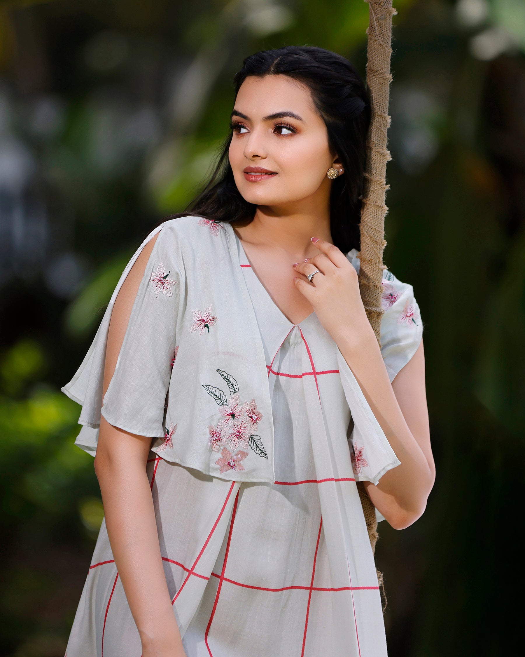 Dove White Dress With Cherry Blossom Print and Embroidered Shrug Attached