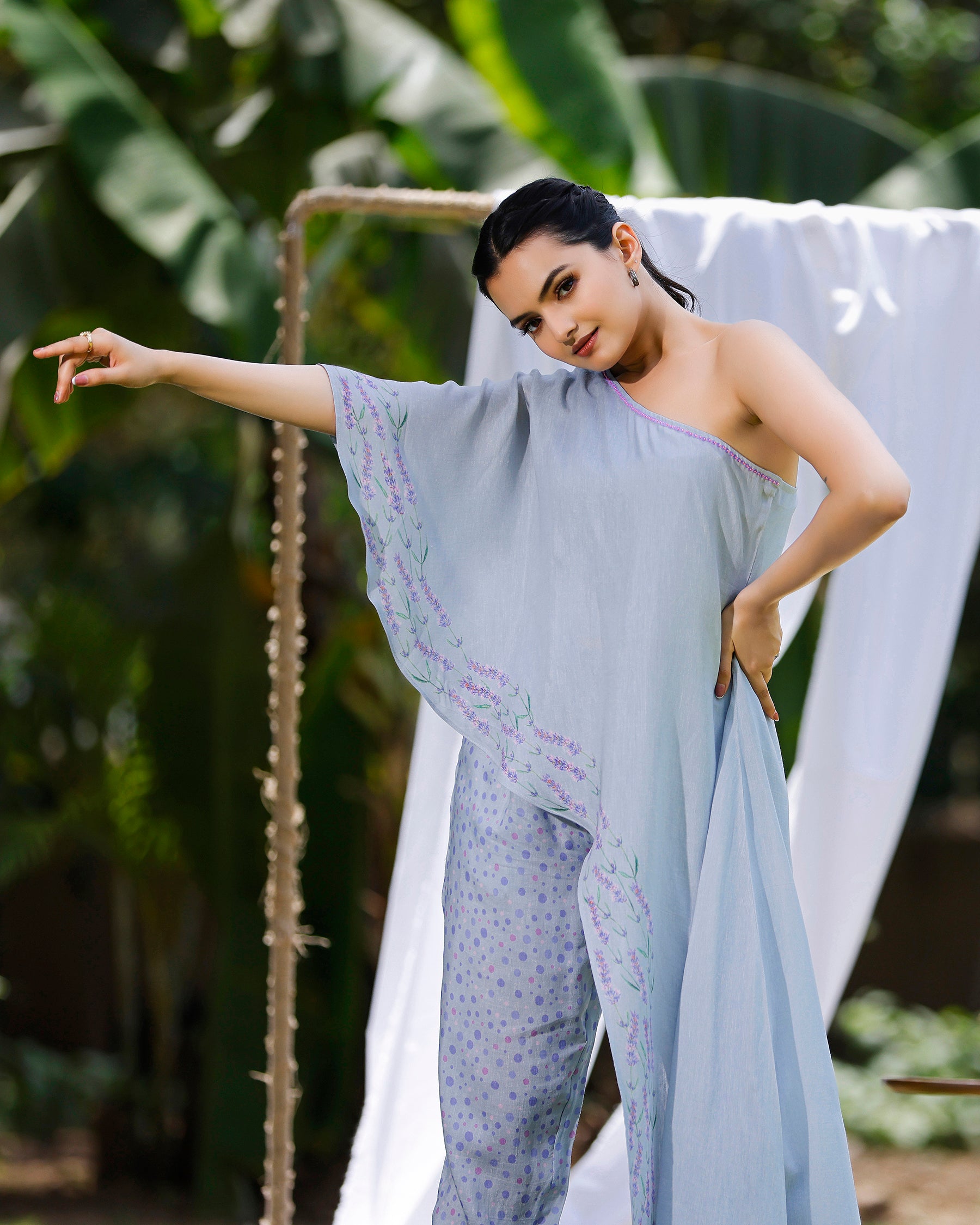 Lavender Blue One Shoulder Co-ord Set With Lavender Print