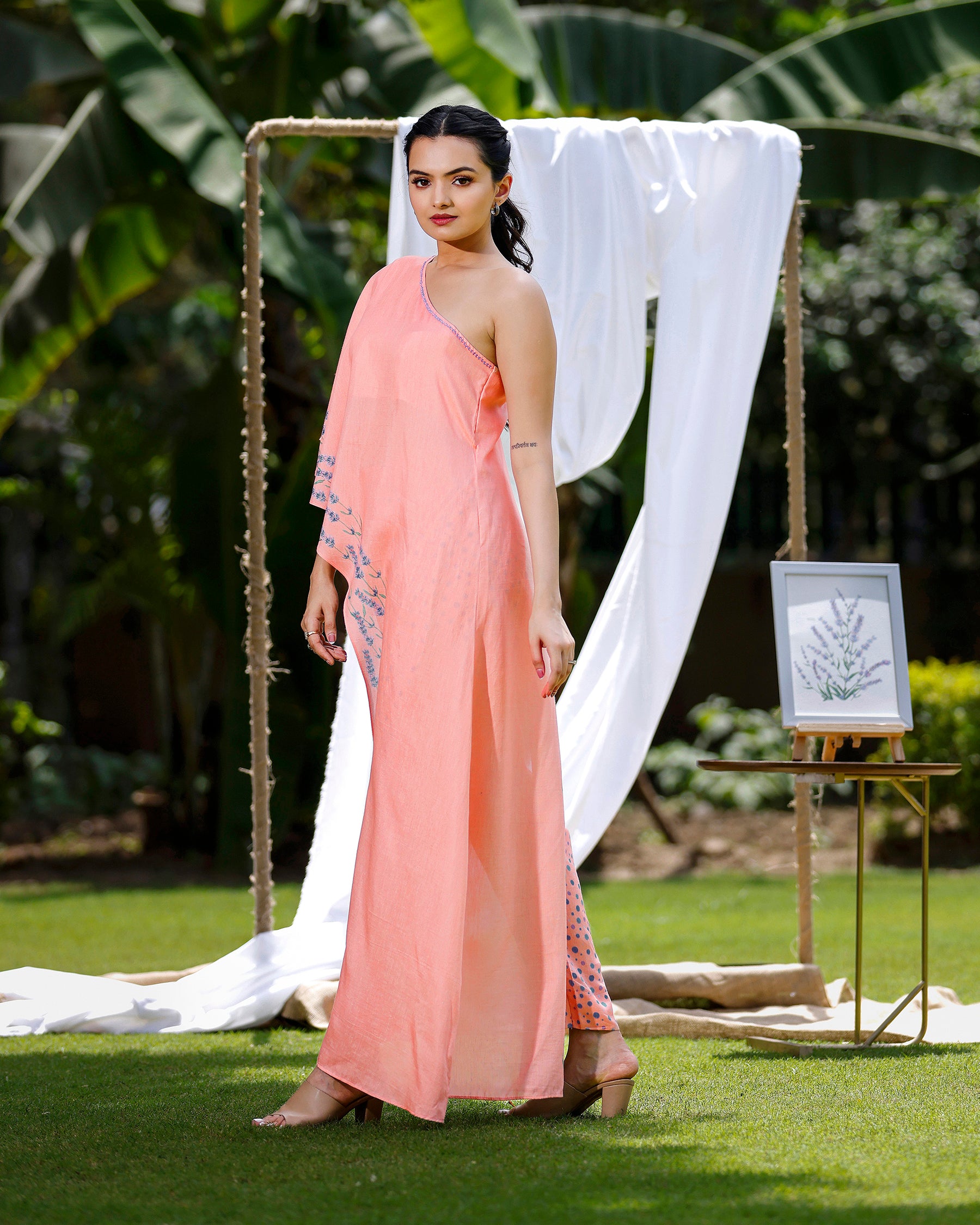 Soft Peach One Shoulder Co-ord Set With Lavender Print