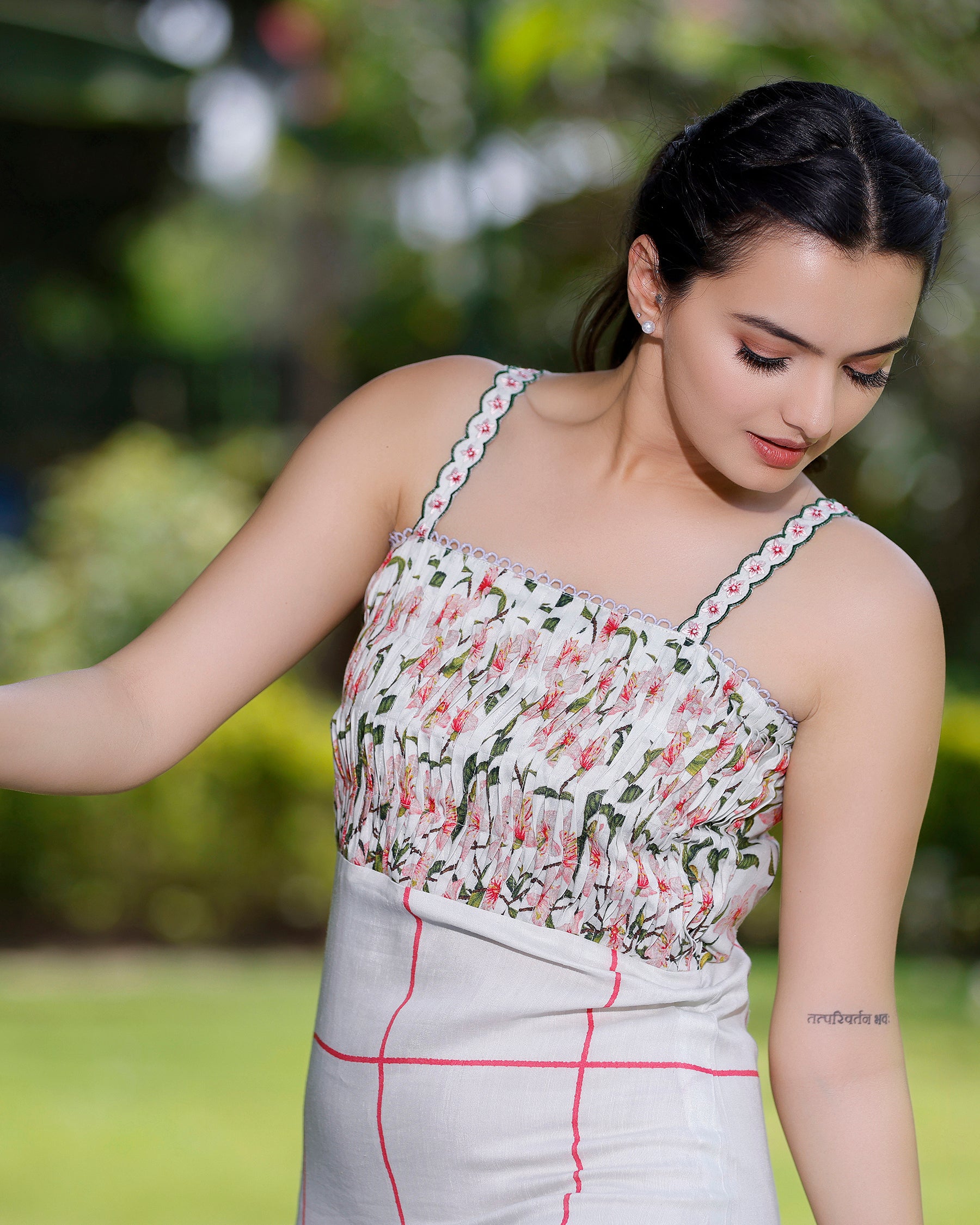 Dove White Spagetti Dress With Cherry Blossom Print