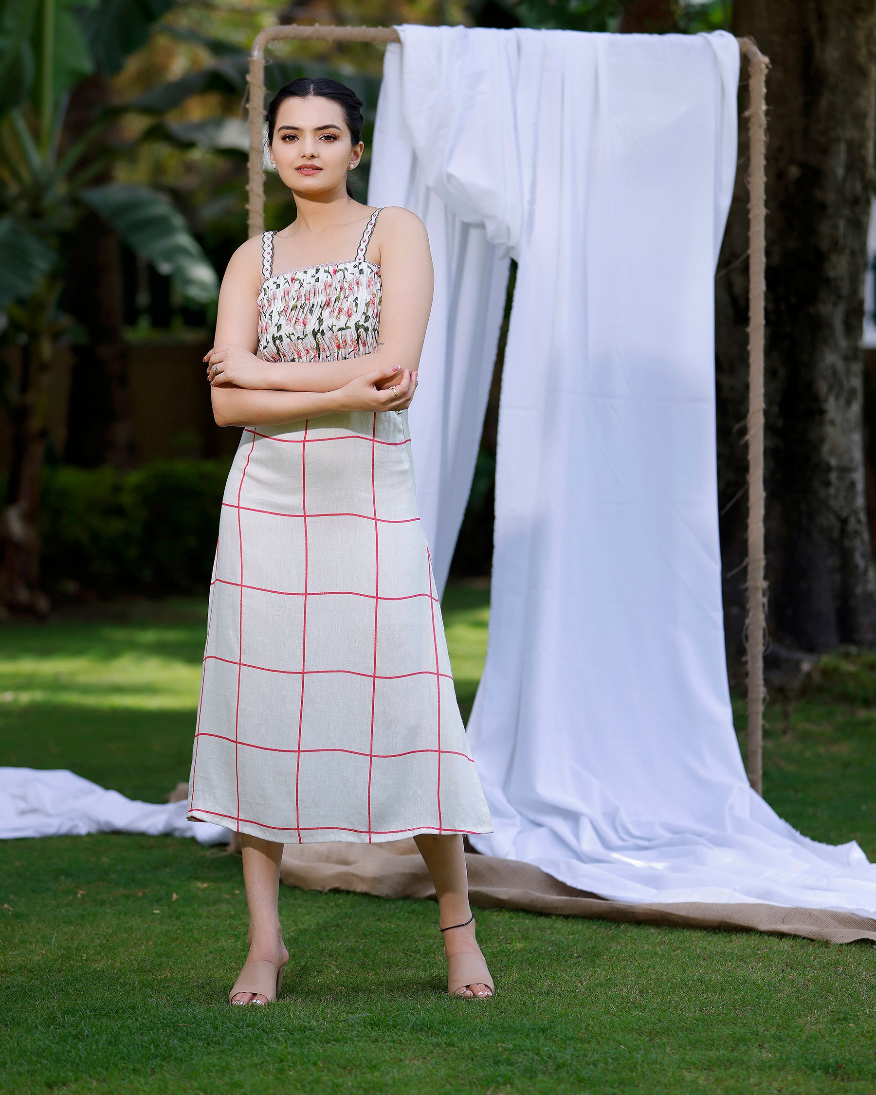 Dove White Spagetti Dress With Cherry Blossom Print